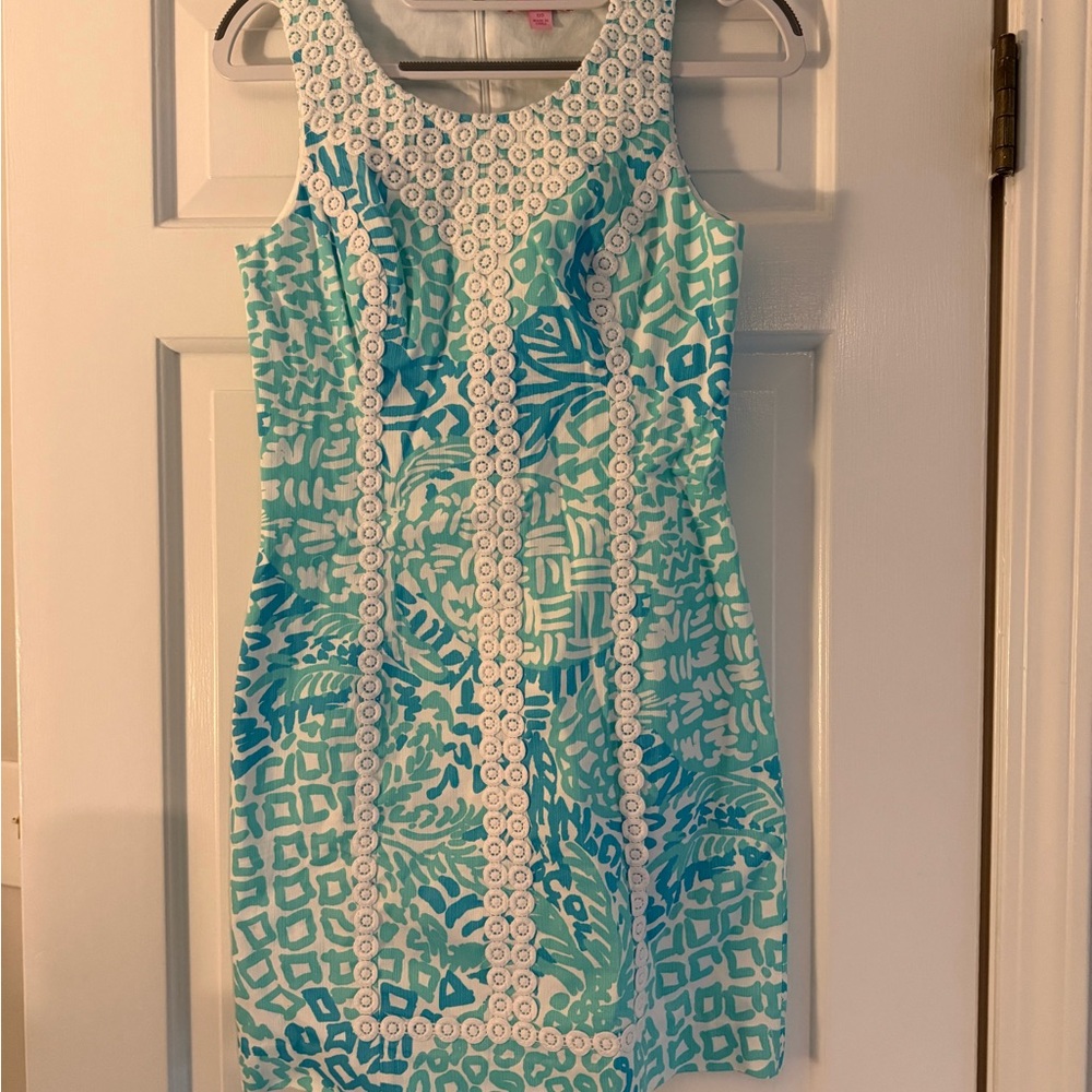 Lilly Pulitzer Aqua and Teal Sleeveless Shift Dress with White Eyelet Detail